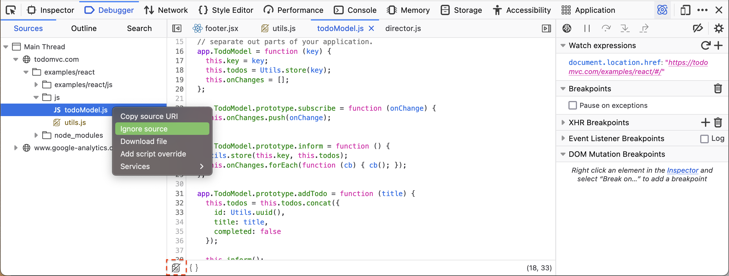 Screenshot showing the context menu item to ignore a source file, and highlighting the "ignore" icon.